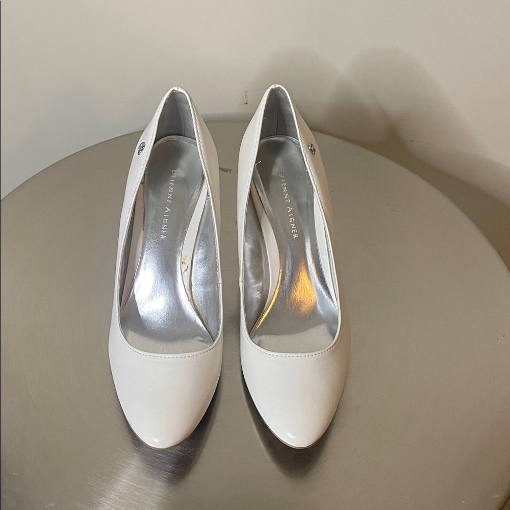 Etienne Aigner White Leather Pointed-Toe Pumps
